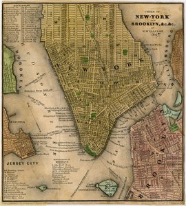 Byerne New-York og Brooklyn, undc. undc., 1847 (sort og farvet blæk på papir, bakket med papir)